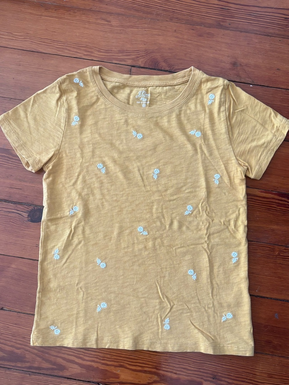 J. Crew Mustard Yellow Short Sleeve Tee with White Floral Embroidery